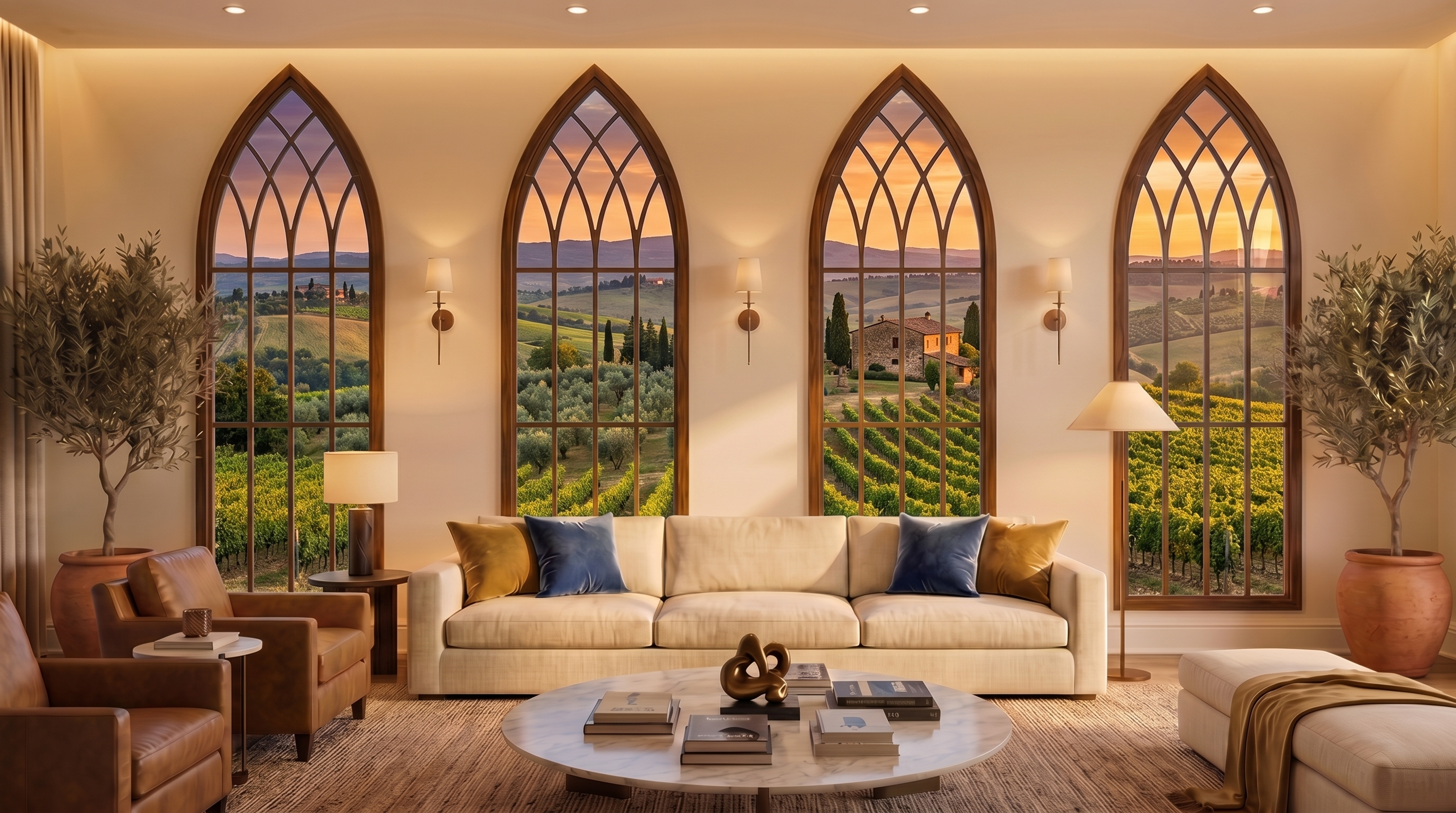 The same room with four Gothic-style ribbed acrylic panels overlooking vineyard hills