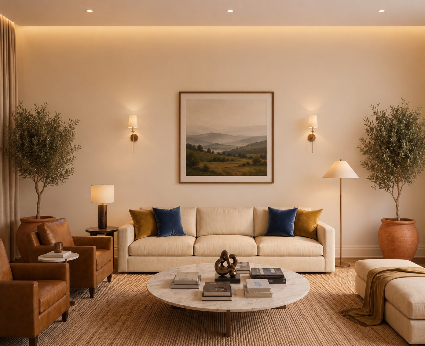A living room with a single framed landscape print above the sofa